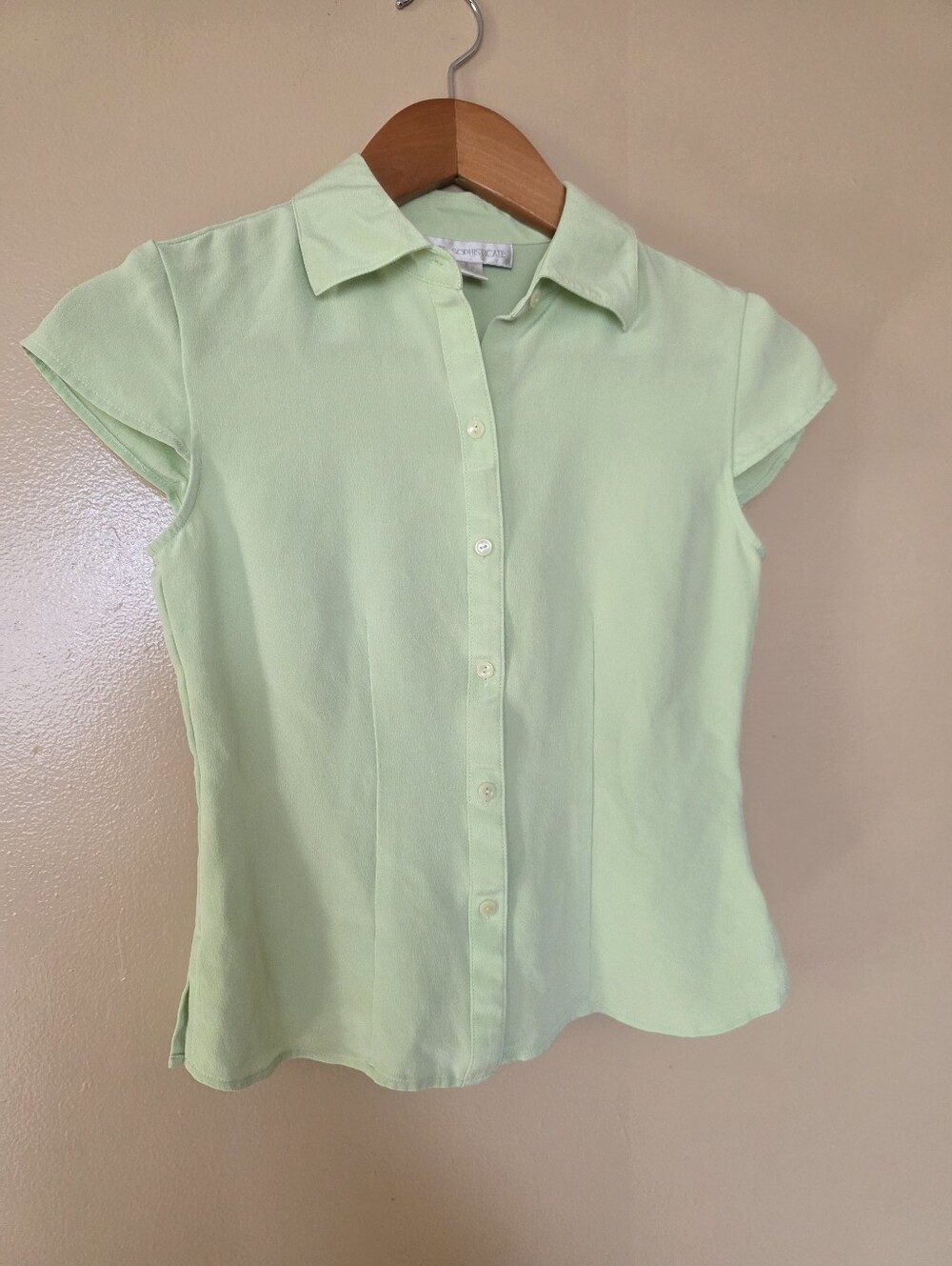 VTG Y2K Petite Sophisticate Silk Pistachio Green Fitted Top 2 90s Minimalist
